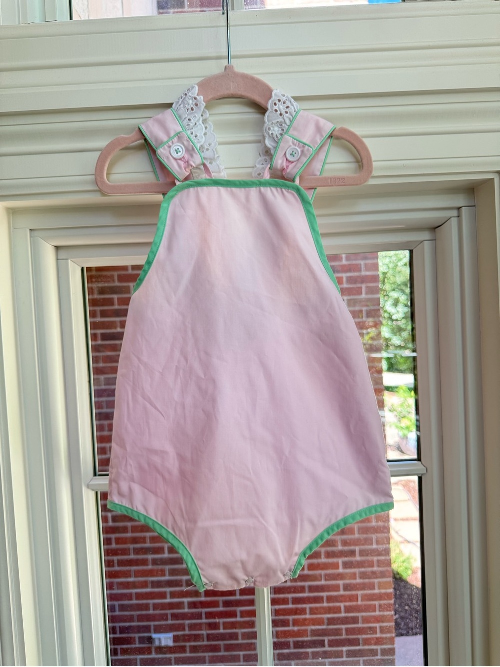 The Beaufort Bonnet Company Pink One-Piece Romper with Green Trim